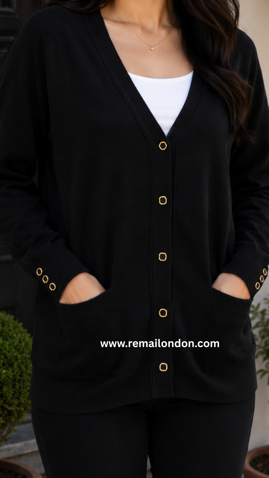Remai London Signature Cardigan – Three-Button Sleeve Detail - Black