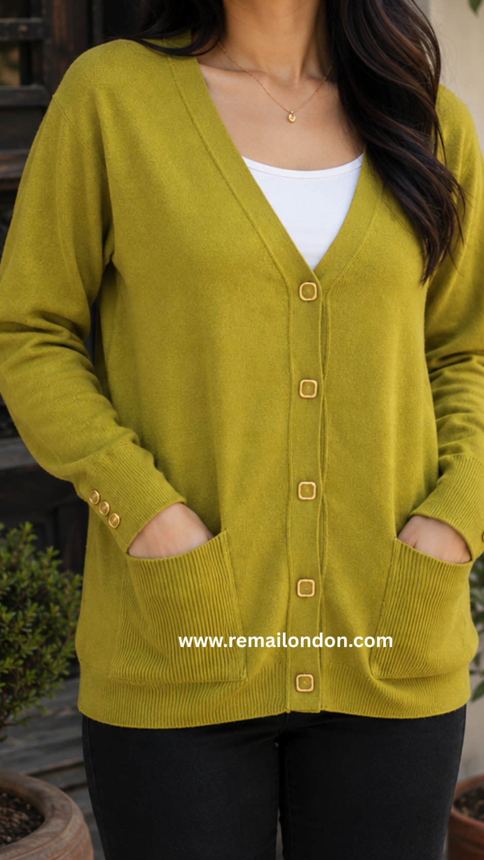 Remai London Signature Cardigan – Three-Button Sleeve Detail - Gold