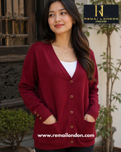 Remai London Signature Cardigan – Three-Button Sleeve Detail - Maroon