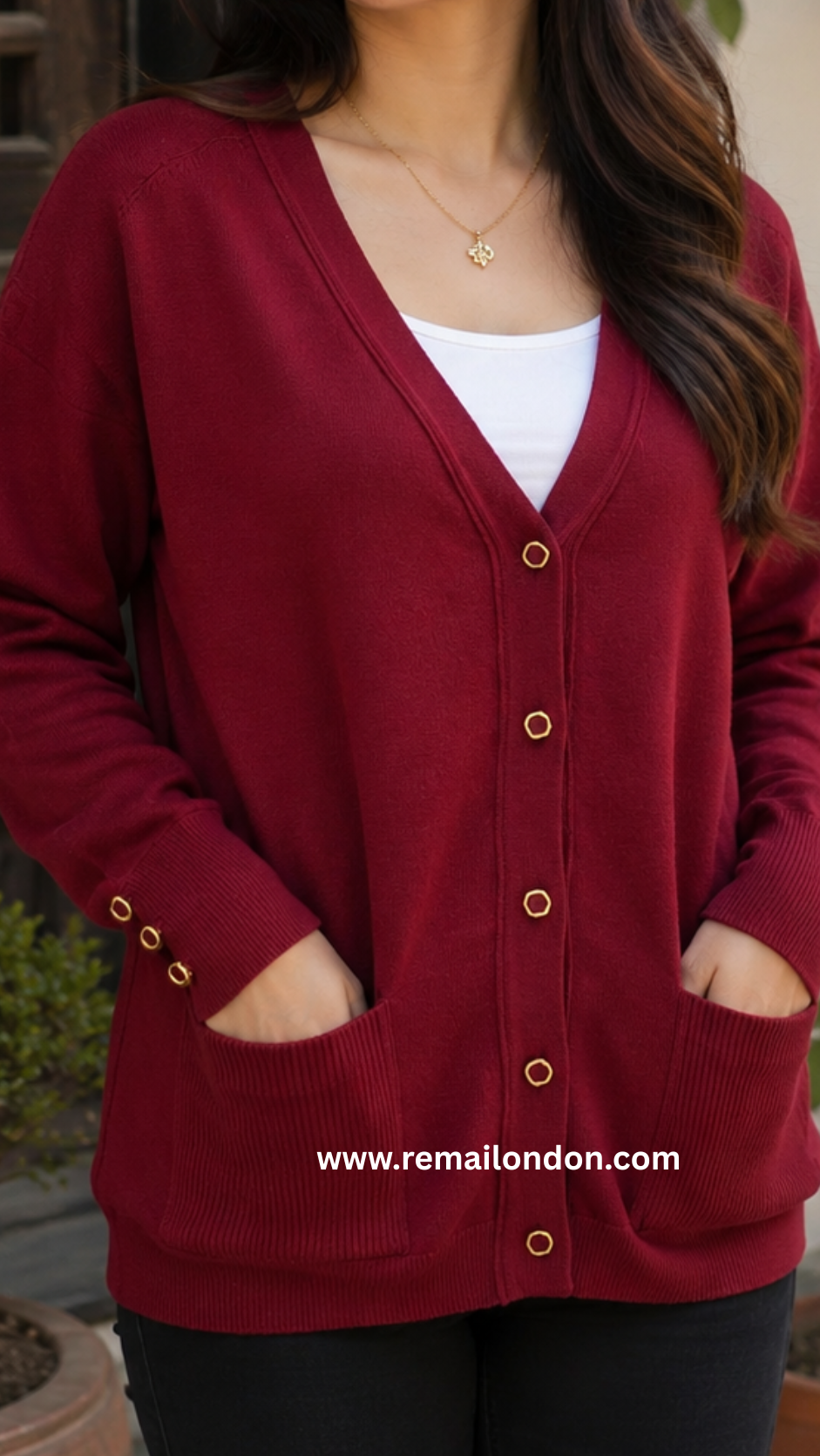 Remai London Signature Cardigan – Three-Button Sleeve Detail - Maroon