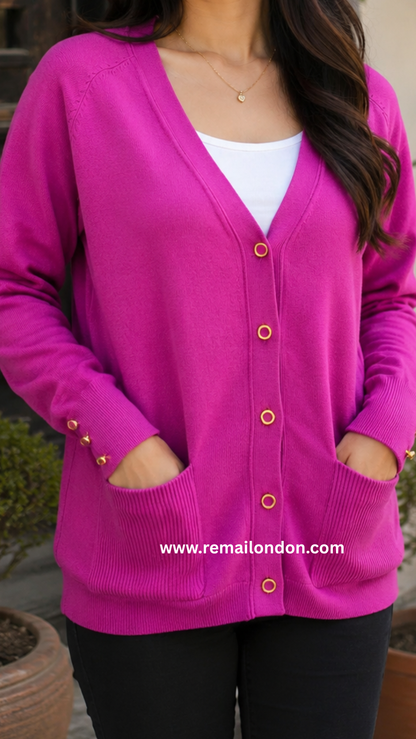 Remai London Signature Cardigan – Three-Button Sleeve Detail - Voilet