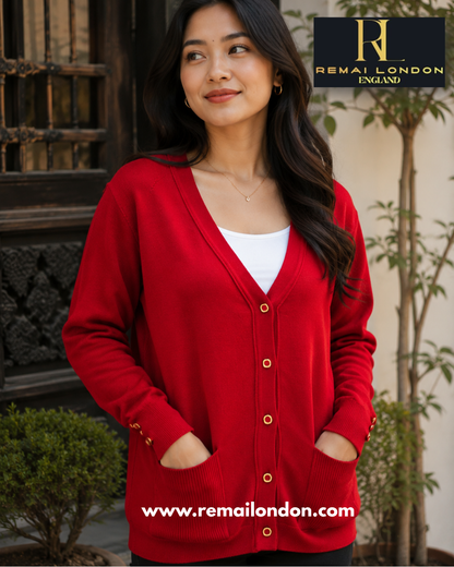Remai London Signature Cardigan – Three-Button Sleeve Detail - Red