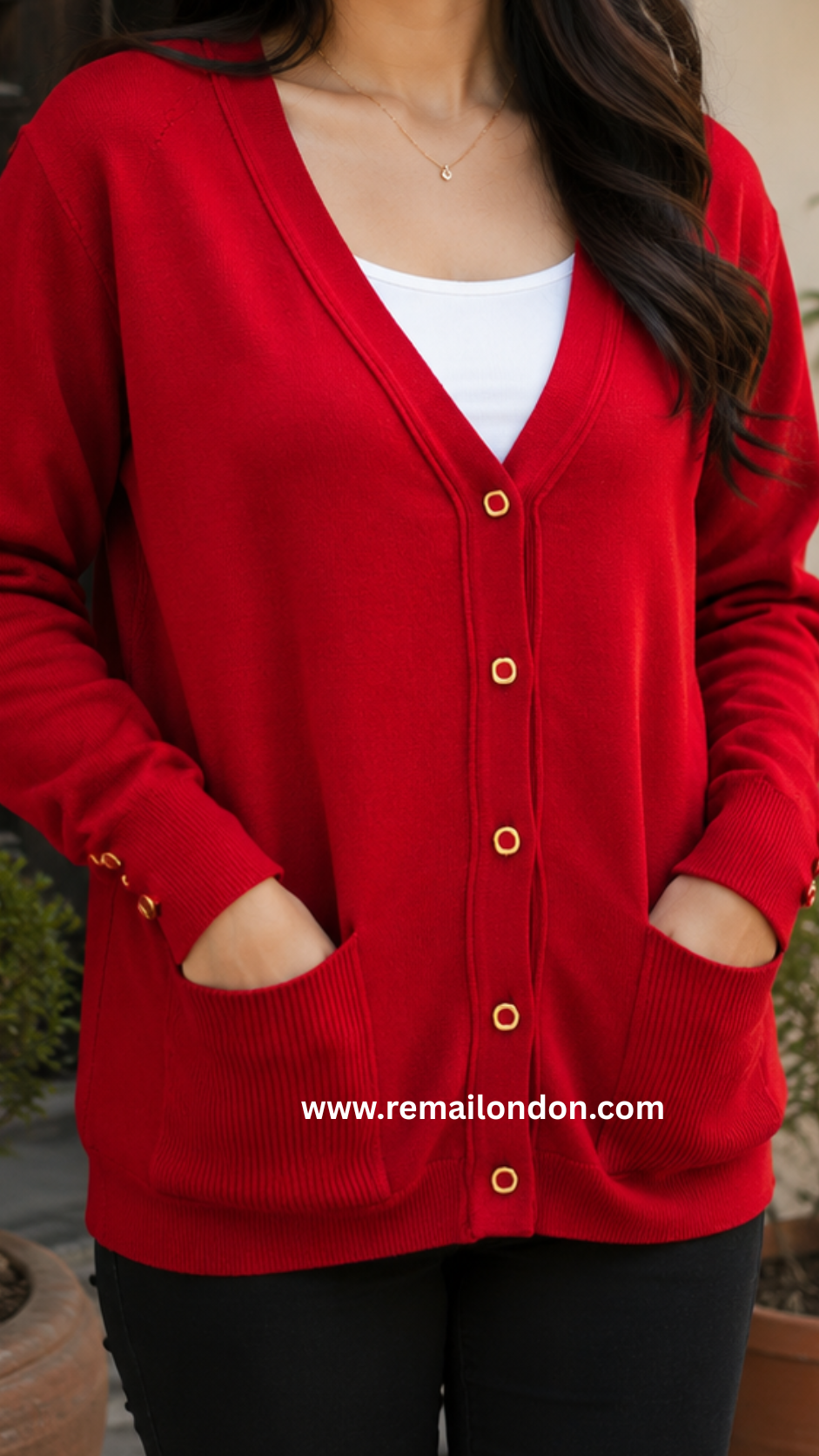 Remai London Signature Cardigan – Three-Button Sleeve Detail - Red