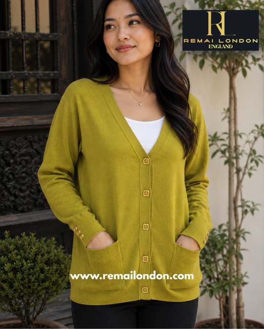 Remai London Signature Cardigan – Three-Button Sleeve Detail - Gold