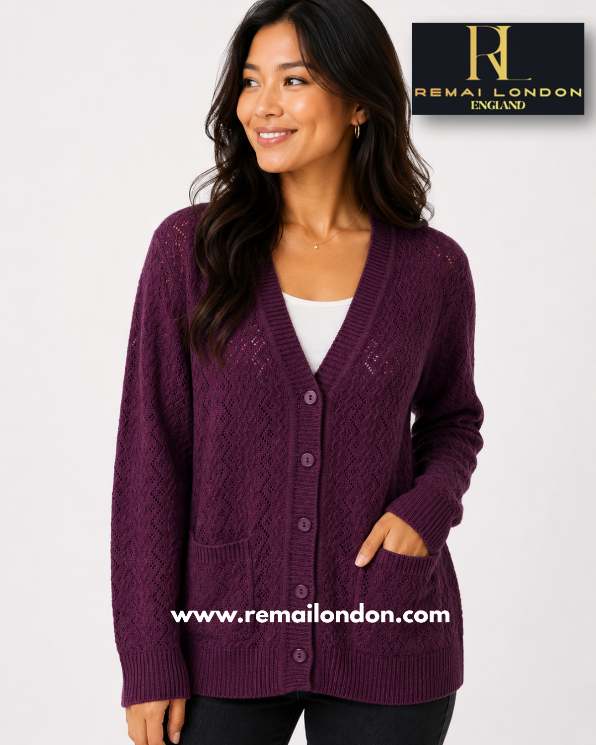 Remai London Plain Net Cardigan - Dark Purple