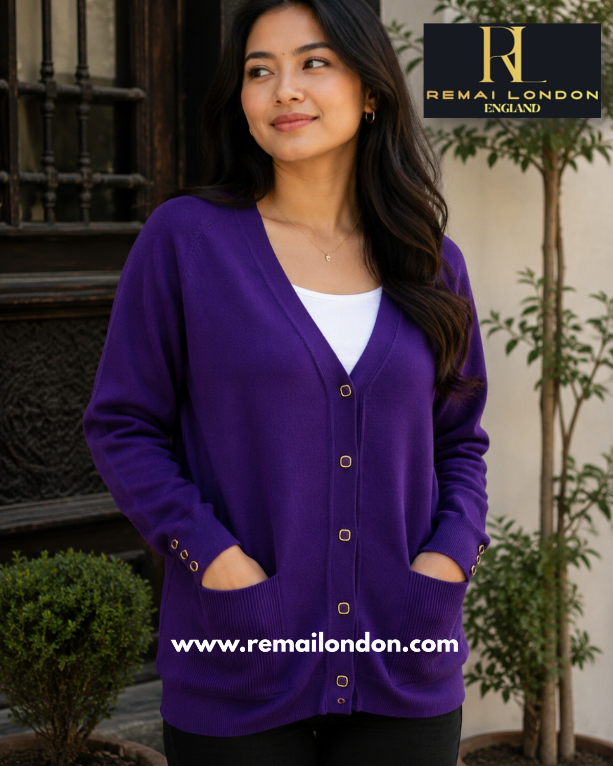 Remai London Signature Cardigan – Three-Button Sleeve Detail - Purple