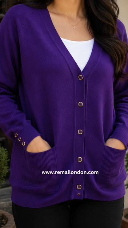 Remai London Signature Cardigan – Three-Button Sleeve Detail - Purple