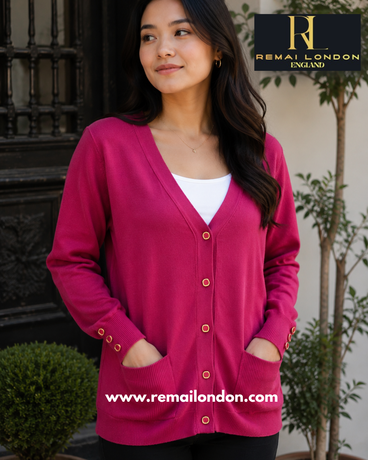 Remai London Signature Cardigan – Three-Button Sleeve Detail - Rose Pink