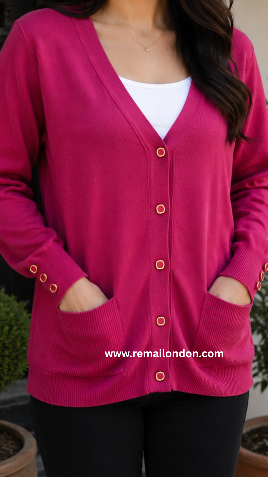 Remai London Signature Cardigan – Three-Button Sleeve Detail - Rose Pink