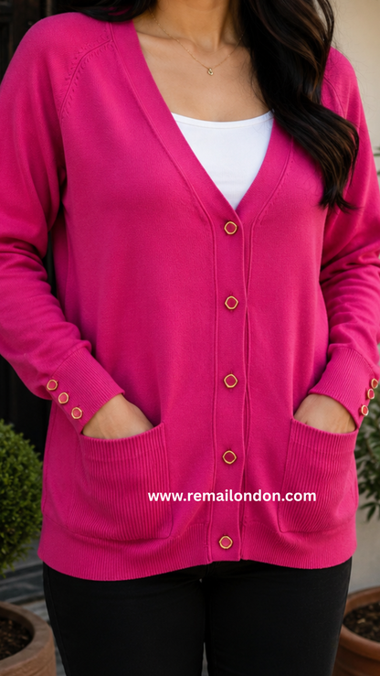 Remai London Signature Cardigan – Three-Button Sleeve Detail - Lady Pink