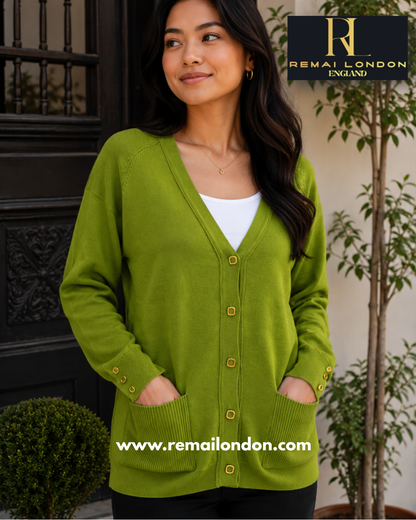 Remai London Signature Cardigan – Three-Button Sleeve Detail - Olive Green