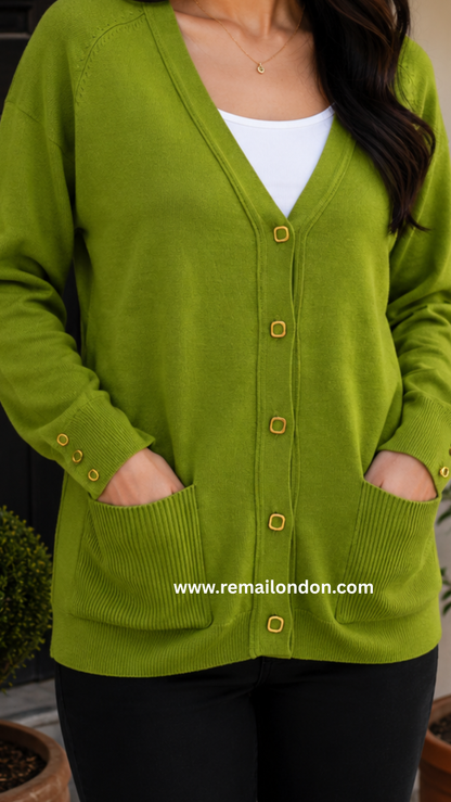 Remai London Signature Cardigan – Three-Button Sleeve Detail - Olive Green